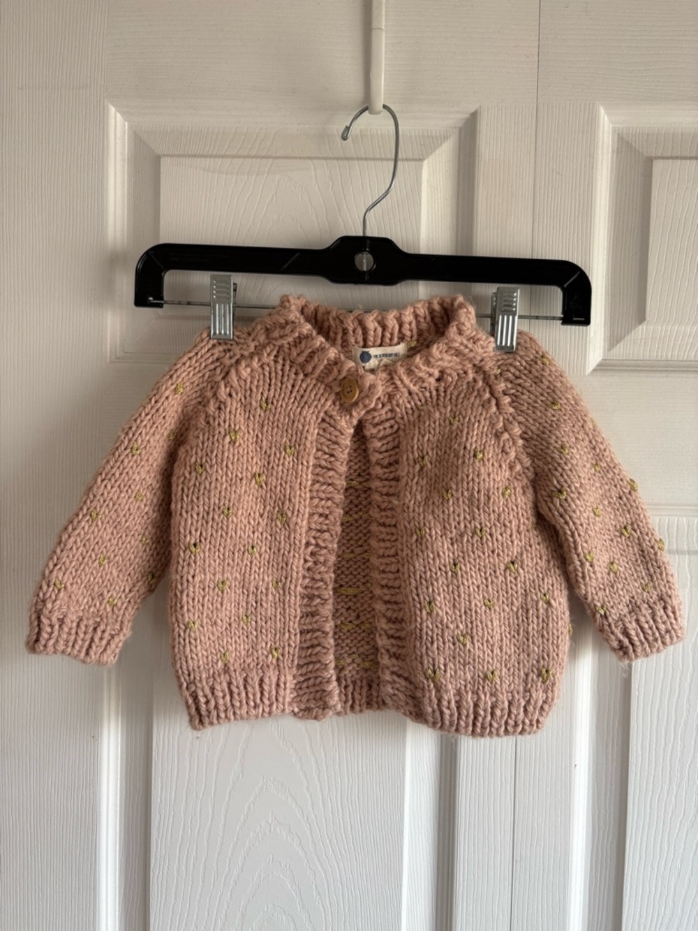 Blueberry Hill Hand Knit Baby Girl Cardigan Chunky Blush Pink Lurex Hearts M 2-4